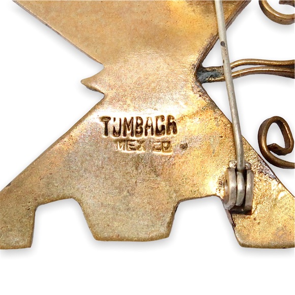 Vintage Tumbaga Mexico Butterfly Brooch Pin Azurite Malachite Inlay Gold Copper - Picture 4 of 4